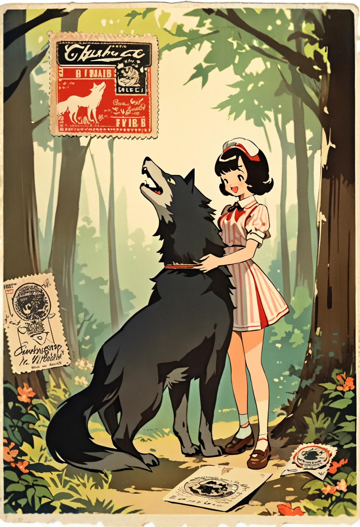 ephemera, label, retro, Vintage, stamp, A girl and a wolf meet in the forest,