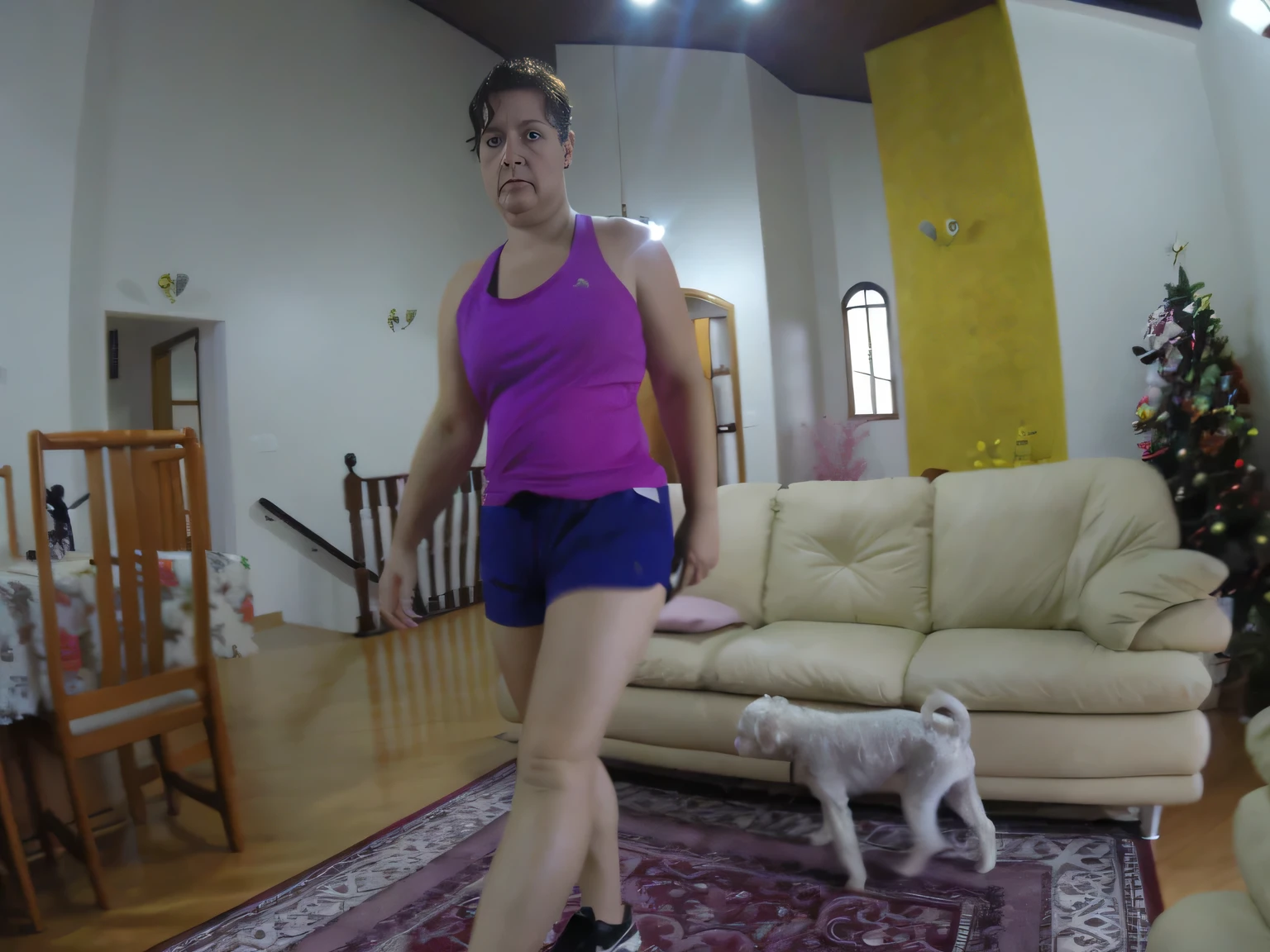 there is a woman in a purple shirt and blue shorts playing with a dog, attacking the camera :4, working out, photo of legs and hips, 2 arms and 2 legs!, in shorts, photo of hips and legs, training, filmed on gopro9, legs and arms, cottagecore!! fitness body, not blurred, standing on two legs, masterpiece, clear photo, high quality, high resolution (ultra quality masterpiece), Ultra HD, high contrast, 16K. Masterpiece: 1.3, high resolution, (photographically realistic), NUDE, NUDITY, NFSW