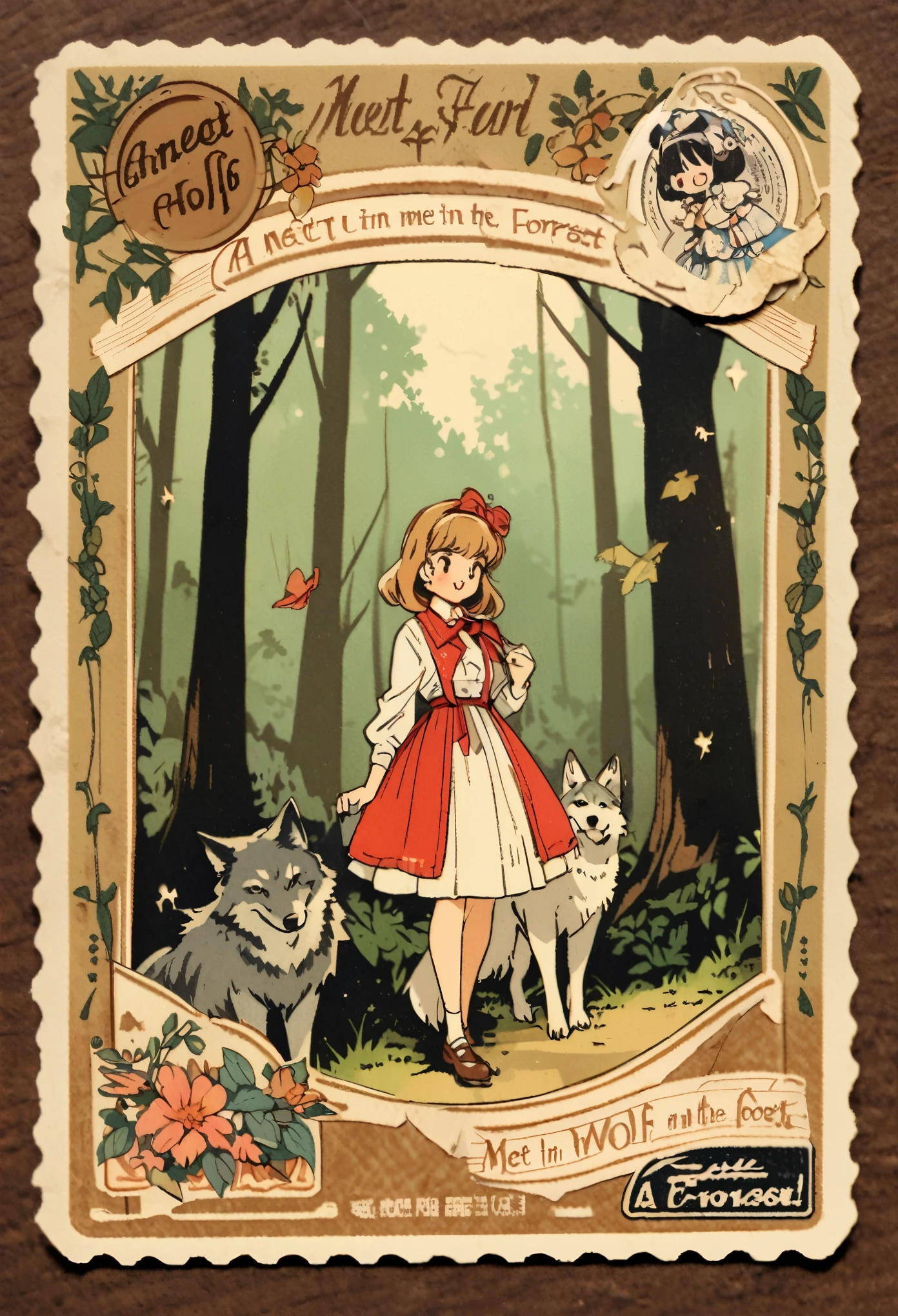 ephemera, label, retro, Vintage, stamp, A girl and a wolf meet in the forest,