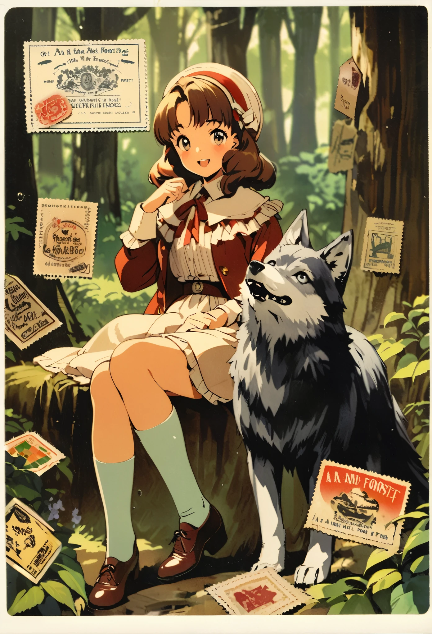 ephemera, label, retro, Vintage, stamp, A girl and a wolf meet in the forest,