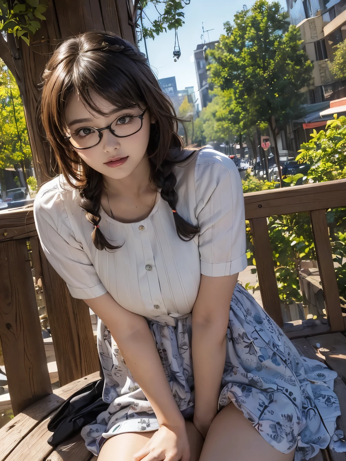 (((round face, drooping eyes, glasses))), (straddling the top of safety fence for masturbate in various downtown place), braid, (various patterned casual dress), (butt), panties, ((trees, plants)), spread legs,