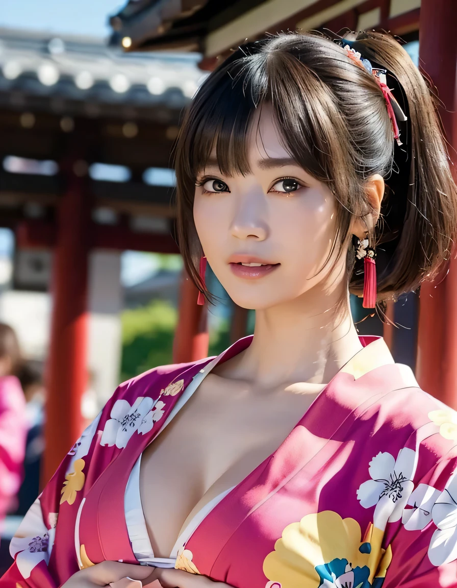 oiran woman ,(top-quality、8K、32K、​masterpiece、超A high resolution、nffsw:1.3)、(Japan idol:1.3)、1girl in、(cute )、((extremely cute breashort-hair)、abdominals、the perfect body、,((oiran woman)), Delicate facial features, Ultra-realistic, Hyper-realistic, clavicle、Shadow、octan render、((maikurobikini)),((Wear a beautiful kimono with a high degree of exposure)),hyperdetailed face、Detailed lips、finely eye、double eyelid、(Enchanting)、((agitation:1.5))、maikurobikini、Mystical expression、old Kyoto city shrine background、、((heavy breasts)),T、mecosuji、Kimono with colorful floral pattern、highcontrast、(((Brightly colored kimono))), small breasts、,flicker、(comes off)、(arms at side down), , smile with a smile,