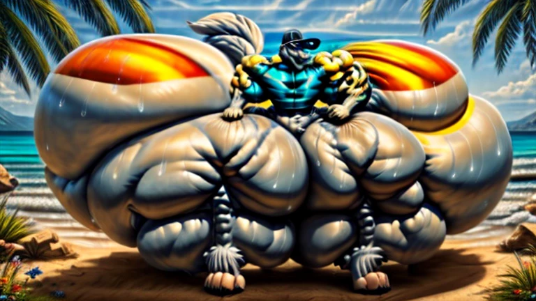 4k, high resolution, best quality, perfect lightning, perfect, solo, anthro, young, boy,white wolf:2.0, furry body, (fluffy mane:1.2), fluffy tail, male, adult, (bulky2:0, thick muscles2:0, huge muscles:2.0, hyper muscles:2.0), (thick biceps, veiny biceps, broad shoulders:2.0), (thick legs, thick calves:1.1), (digitigrade legs, 4 toes:1.2), perfect colors, (photorealistic fur, detailed fur, epic, masterpiece), (suggestive posing:1.2), (seductive smile, lustful grin 1.3), detailed beach,detailed wolf eyes:2.0, by k0suna, by darkgem,nipple ring,hyper arms:2.0,veins,white body,white fur,hyper butt:2.0,hyper paws:2.0,standing,thick legs,thick butts:2.0,sweat body:2.0,massive butt:2.0,black hat,hyper ass:2.0,huge ass,long legs,juicy butt:2.0,butt like a mountain,butt with colorful patterns,wide butt,hyper wide butt