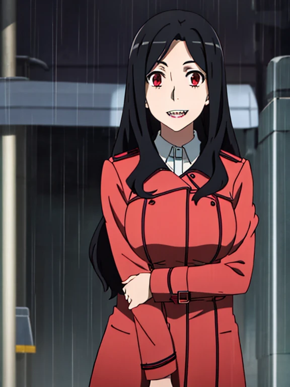 red eyes, large mouth, sharp teeth, long black hair, shiny skin, red trench coat, bikini, bigmbust:1.4. night, empty street, outdoors, rain, 1girl, solo, upper body, facing viewer, looking at viewer, smile