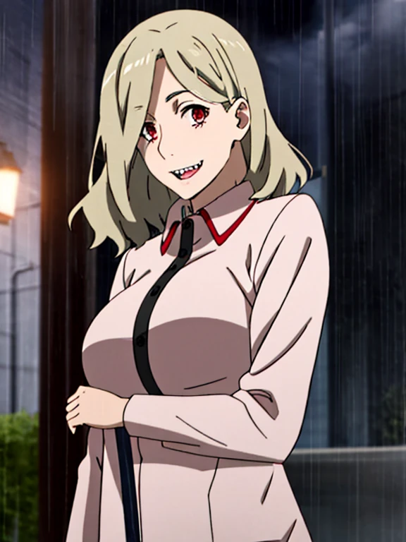 red eyes, large mouth, sharp teeth, long black hair, shiny skin, red trench coat, bikini, bigmbust:1.4. night, empty street, outdoors, rain, 1girl, solo, upper body, facing viewer, looking at viewer, smile