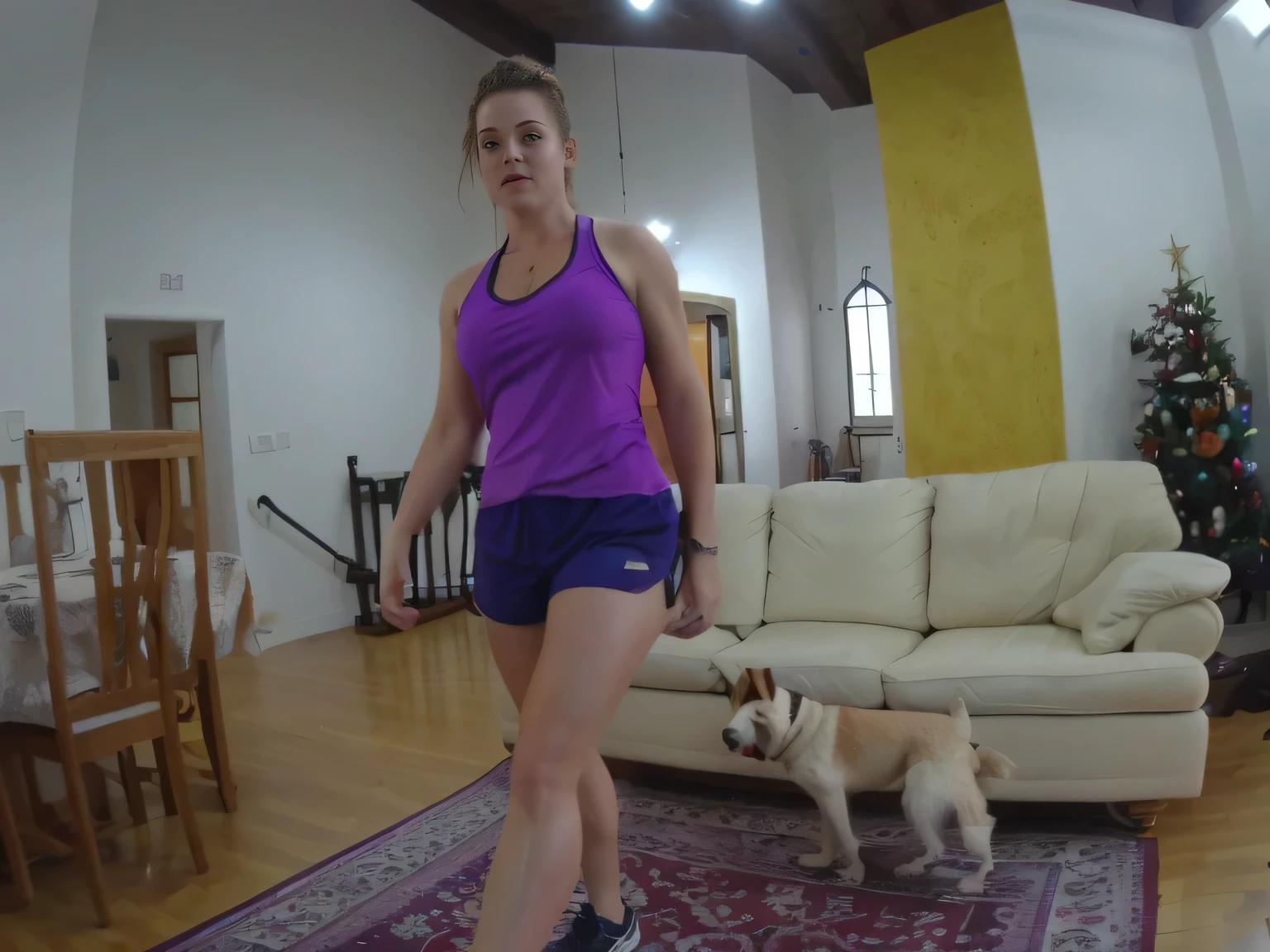 there is a woman in a purple shirt and blue shorts playing with a dog, attacking the camera :4, working out, photo of legs and hips, 2 arms and 2 legs!, in shorts, photo of hips and legs, training, filmed on gopro9, legs and arms, cottagecore!! fitness body, not blurred, standing on two legs, masterpiece, clear photo, high quality, high resolution (ultra quality masterpiece), Ultra HD, high contrast, 16K. Masterpiece: 1.3, high resolution, (photographically realistic), NUDE, NUDITY, NFSW