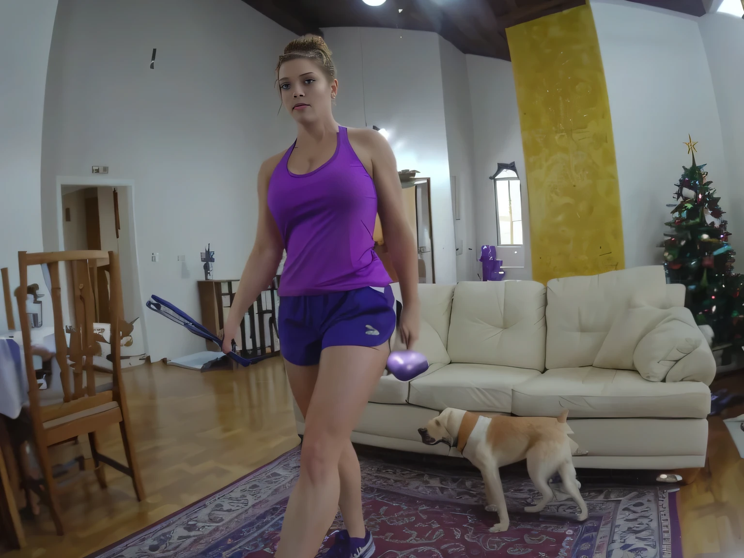 there is a woman in a purple shirt and blue shorts playing with a dog, attacking the camera :4, working out, photo of legs and hips, 2 arms and 2 legs!, in shorts, photo of hips and legs, training, filmed on gopro9, legs and arms, cottagecore!! fitness body, not blurred, standing on two legs, masterpiece, clear photo, high quality, high resolution (ultra quality masterpiece), Ultra HD, high contrast, 16K. Masterpiece: 1.3, high resolution, (photographically realistic), NUDE, NUDITY, NFSW