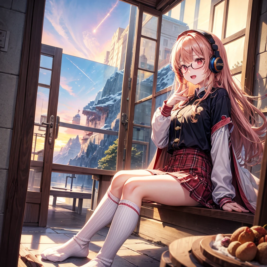 Pink gold golden hair、Golden Eyes、One good looking girl、solo、anime、Checkered mini skirt、The skirt has buttons、Red T-shirt、Long sleeve、China、Cape、Black knee-high socks、Wearing headphones、Wearing a ribbon、Ribbon on waist、Tilting face、Teeth are visible、Sunset sky、The rocks are exploding、Snow is piled up、Rocky Mountain、The clouds are breaking through、Contrail、Glasses、Behind him is a giant World Tree piercing the clouds.、Sitting、Automatic door、Burning Teacup