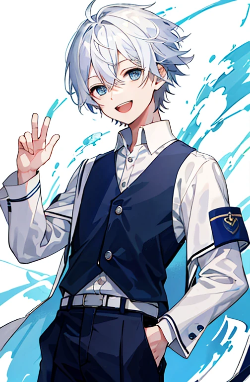 (masterpiece、Top quality、Implications、Very high quality、High level of image quality、Extremely sensitive writing)stood in a lab，Boy with short white hair、Joyful expression、Hair blowing in the wind、Uniforms、blue eyes、Black trousers、laughing out loud