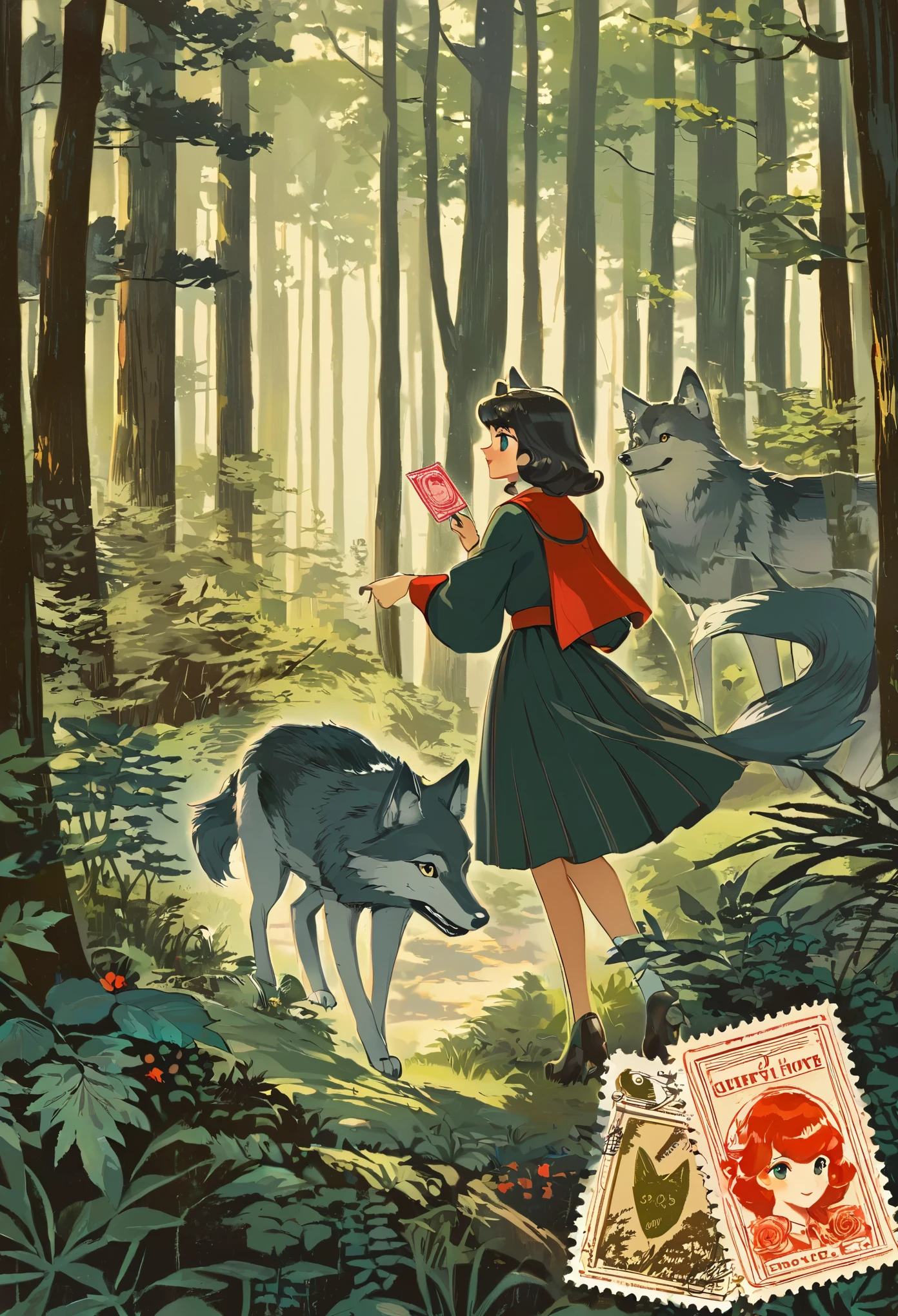 ephemera, label, retro, Vintage, stamp, A girl and a wolf meet in the forest,