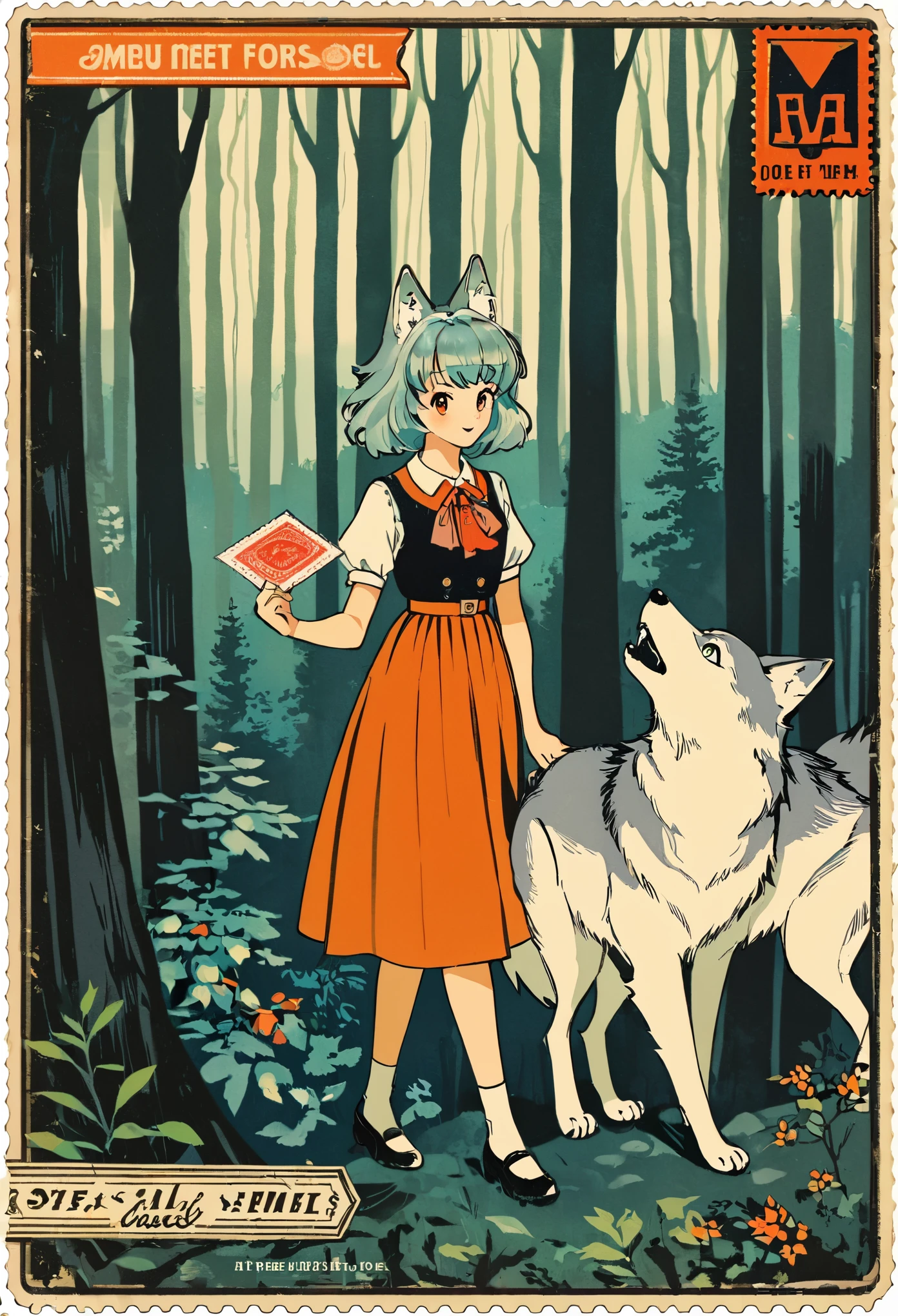 ephemera, label, retro, Vintage, stamp, A girl and a wolf meet in the forest,