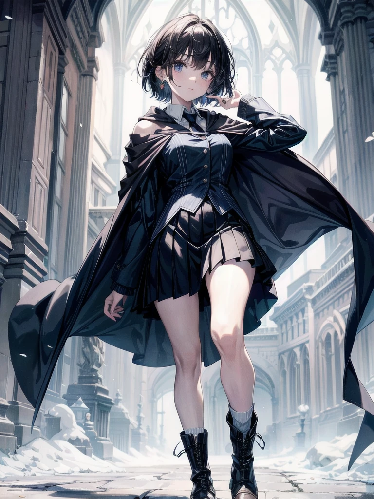 whole body, hogwarts teacher, necktie, cloak, skirt, magic boots, absurdres, RAW photo, extremely delicate and beautiful, masterpiece, Best Quality, ultra high resolution, 32k, hyperrealistic, ultra-detailed, detailed description, pale skin, 20 years old, detailed beautiful face and eyes, tearful mole, earring, Colossal tits, short medium hair, wavy hair,