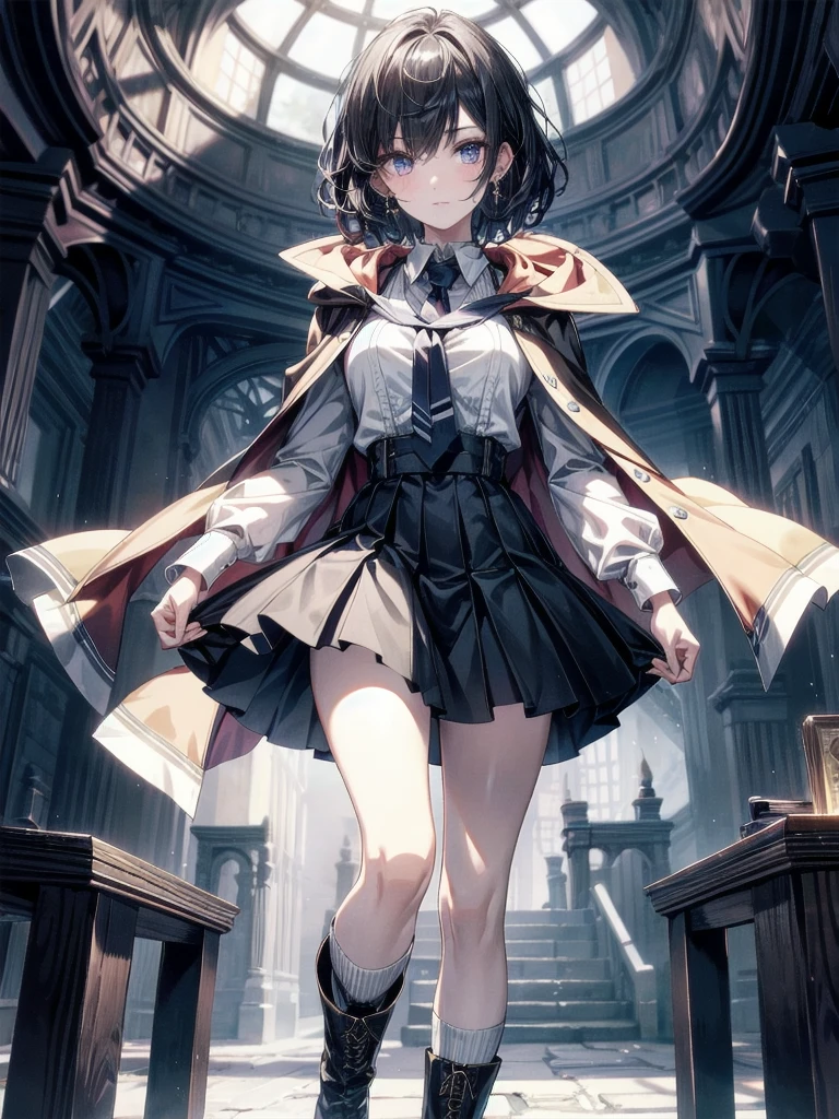 whole body, hogwarts teacher, necktie, cloak, skirt, magic boots, absurdres, RAW photo, extremely delicate and beautiful, masterpiece, Best Quality, ultra high resolution, 32k, hyperrealistic, ultra-detailed, detailed description, pale skin, 20 years old, detailed beautiful face and eyes, tearful mole, earring, Colossal tits, short medium hair, wavy hair,