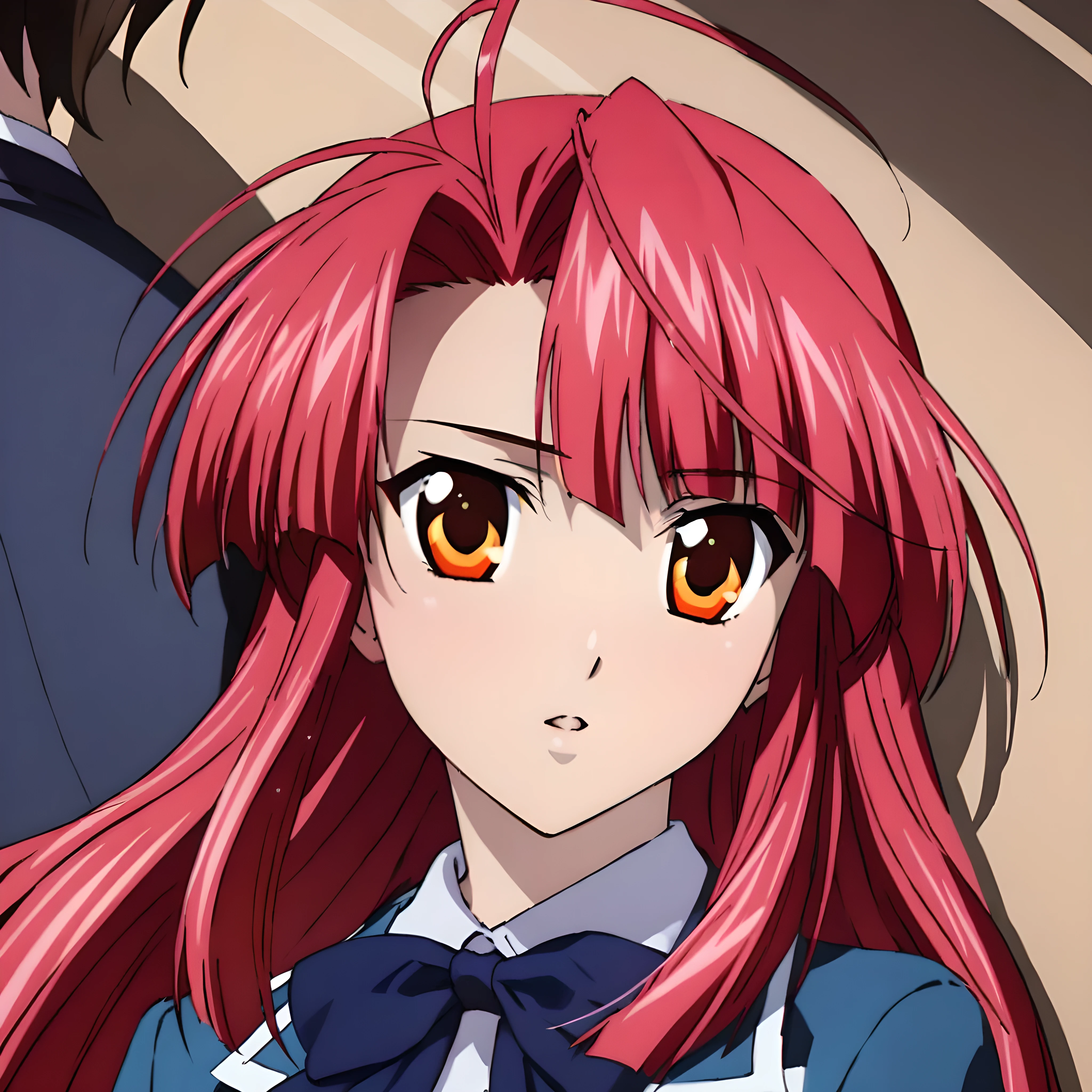 (masterpiece),(best quality),(ultra-detailed),(best illustration),(best shadow),(absurdres),(detailed background),(very aesthetic), ayano kannagi, red hair, orange eyes, medium breasts, ahoge, long hair, portrait, close-up, schooluni, , skirt, pleated skirt,