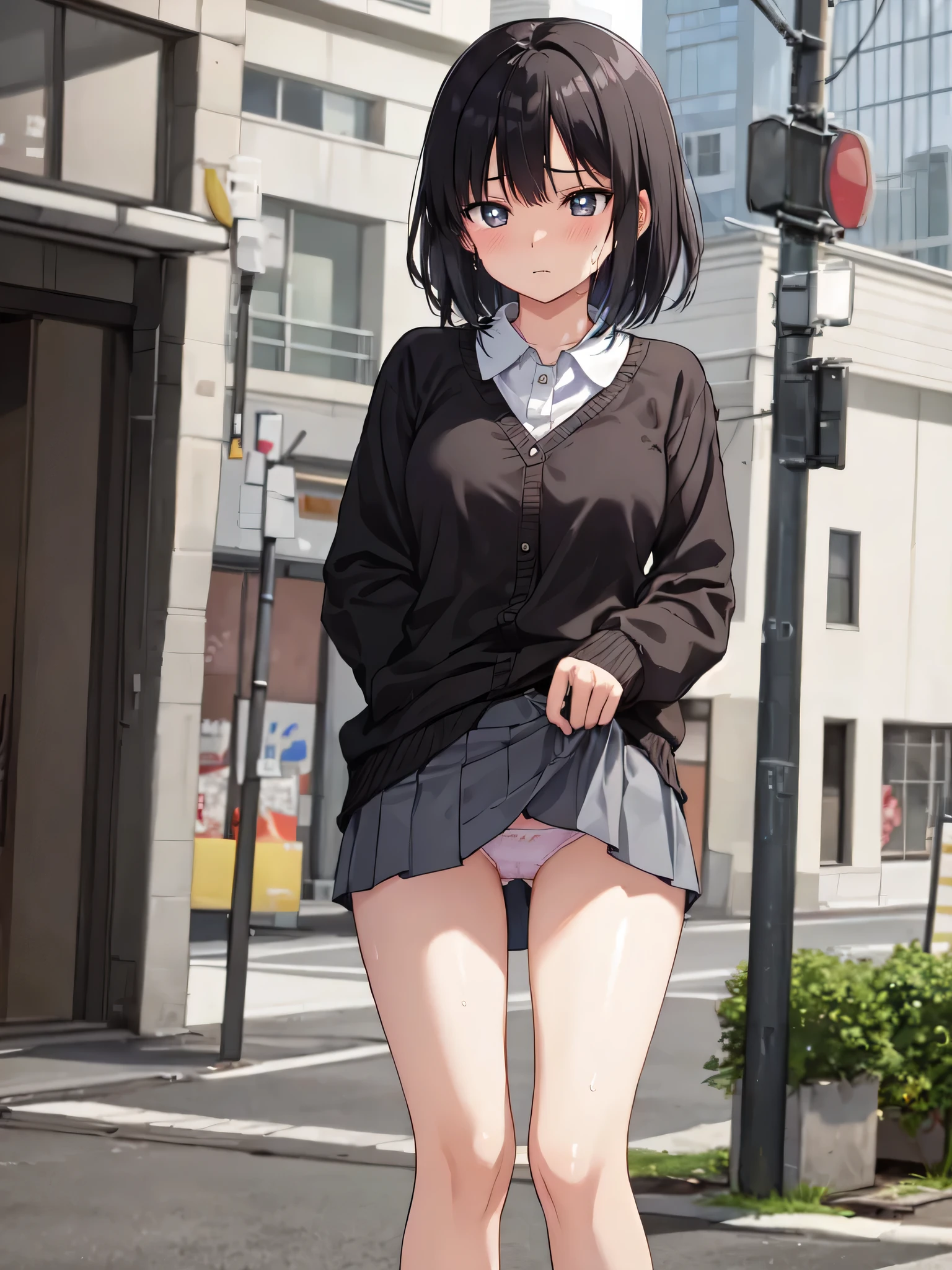 (Masterpiece:1.2), (high quality), (pixiv:1.4), (anime:1.4), wearing underwear, panties, loose socks, black hair, buttocks, brown eyes, blue skirt, solo, blazer type , panties, loose socks, black hair, lifting clothes, brown eyes, blue skirt, pure gaze, miniskirt, herself lift, plaid skirt, kawaii, blush,((large breasts)), (heart-shaped pupils), (sweat), Long hair, Physical education sitting, beauty legs, ((in the city))