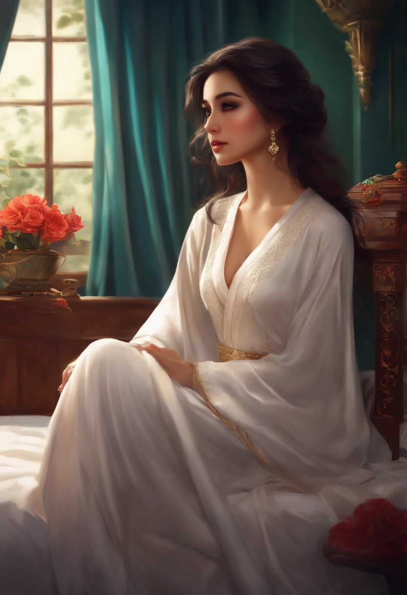 Shahirzada, Oriental beauty, Anime, sitting on the bed before going to bed, combing long hair