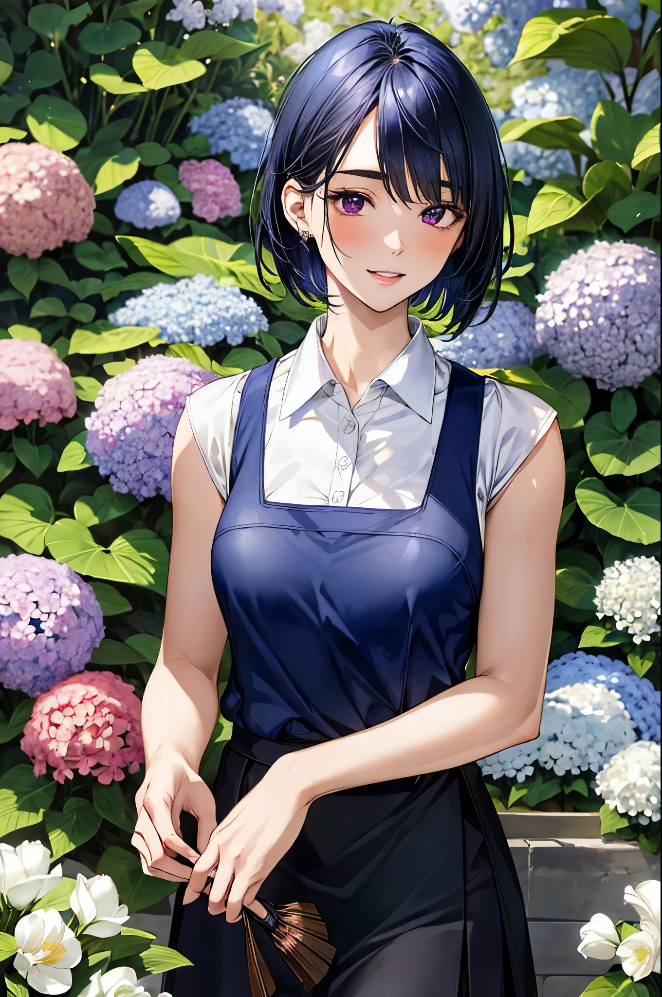 (masterpiece:1.3, top-quality, ultra high res, ultra detailed), (realistic, photorealistic:1.2), beautiful illustration, perfect lighting, natural lighting, colorful, depth of fields, ,
beautiful detailed hair, beautiful detailed face, beautiful detailed eyes, beautiful clavicle, beautiful body, beautiful chest, beautiful thigh, beautiful legs, beautiful fingers, shiny skin,
looking at viewer, 1 girl, japanese, 22 years old, (perfect anatomy, anatomically correct, super detailed skin), cute and symmetrical face, babyface, perfect face, perfect eyes, perfect fingers,
(short hair:1.6, straight hair, hair slicked back:1.4, blue hair), parted bangs, dark purple eyes, big eyes, drooping eyes, long eyelashes, faint lips, (large breasts, seductive thighs), , outstanding style,
(detailed cloth texture, break, navy blue and white sleeveless collared polo shirt, dark maroon tight skirt, black apron), break,
(beautiful scenery), (flower shop, florist, rose, hydrangea, tulip, dendrobume), standing, (flower arrangement), (lovely smile, parted lips),