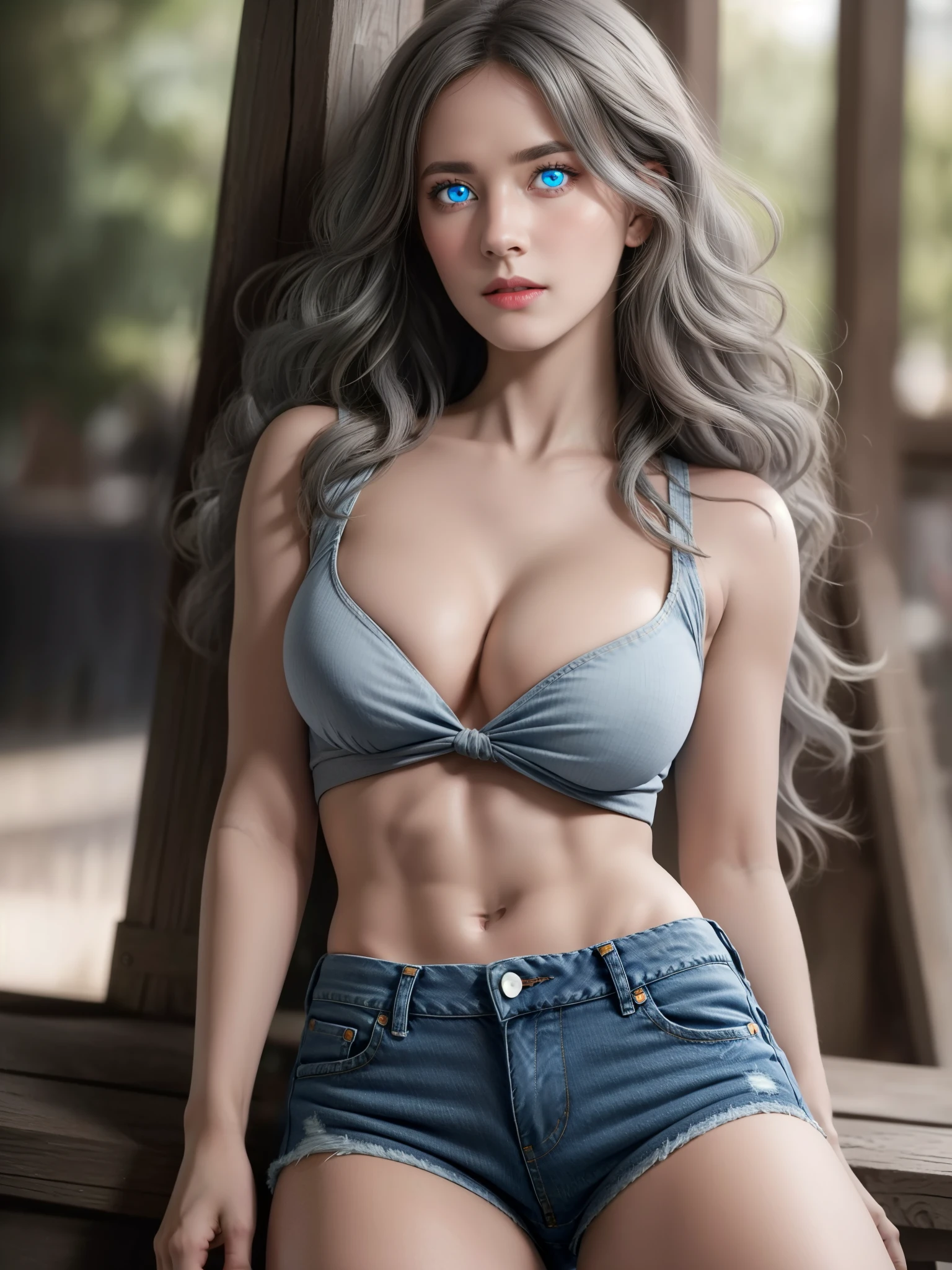 detailed lips, short wavy hair, serpents for hair, fierce expression, pale complexion, mesmerizing gaze, vibrant colors, soft lighting, (hyperrealistic), (illustration), (high resolution), (8K), (extremely detailed), (best illustration), (beautiful detailed eyes), (best quality), (ultra-detailed), (masterpiece), (wallpaper), (photorealistic), (natural light), (detailed realistic beautiful face), (high detailed realistic skin texture), (solo:1.51), (1 girl:1.52), (high detailed realistic hair), (ashgrey hair:1.35), (heterochromic eyes), (detailed eyes), (beautiful ice-blue eyes:1.37), (sparkling eyes), (realistic huge breasts:1.53), (slender abs), (dynamic pose), (closed tiny mouth:1.3), (concentrated expression), (upon body from head to thigh:1.55), (looking at viewer), (double eyelids), (posing as a model), in a green park, red tanktop, mini jeans