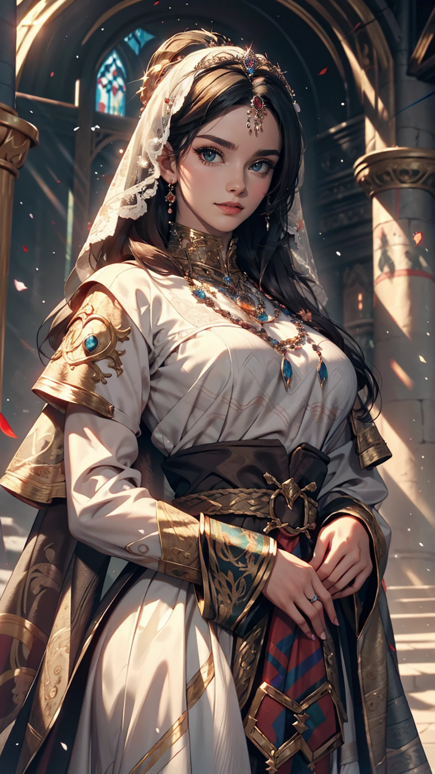 sakimichan style, Urop Style, Portraiture, Detailed painted face, Beautiful woman, Fuller lips, Opaque Veil, Medieval Veil, Head rail, 12th century, Eyes with heterochromia, Rainbow Eyes, Medieval costume, Brot, Lord of the Rings Gown, Near perfect, Beautiful anime style, Character Panorama, Beautiful and detailed face, Shining Shadow, Beautiful gradation, Depth of written boundary, Beautiful graphics, high quality, Attention to detail, High resolution, Luminous Studio graphics engine