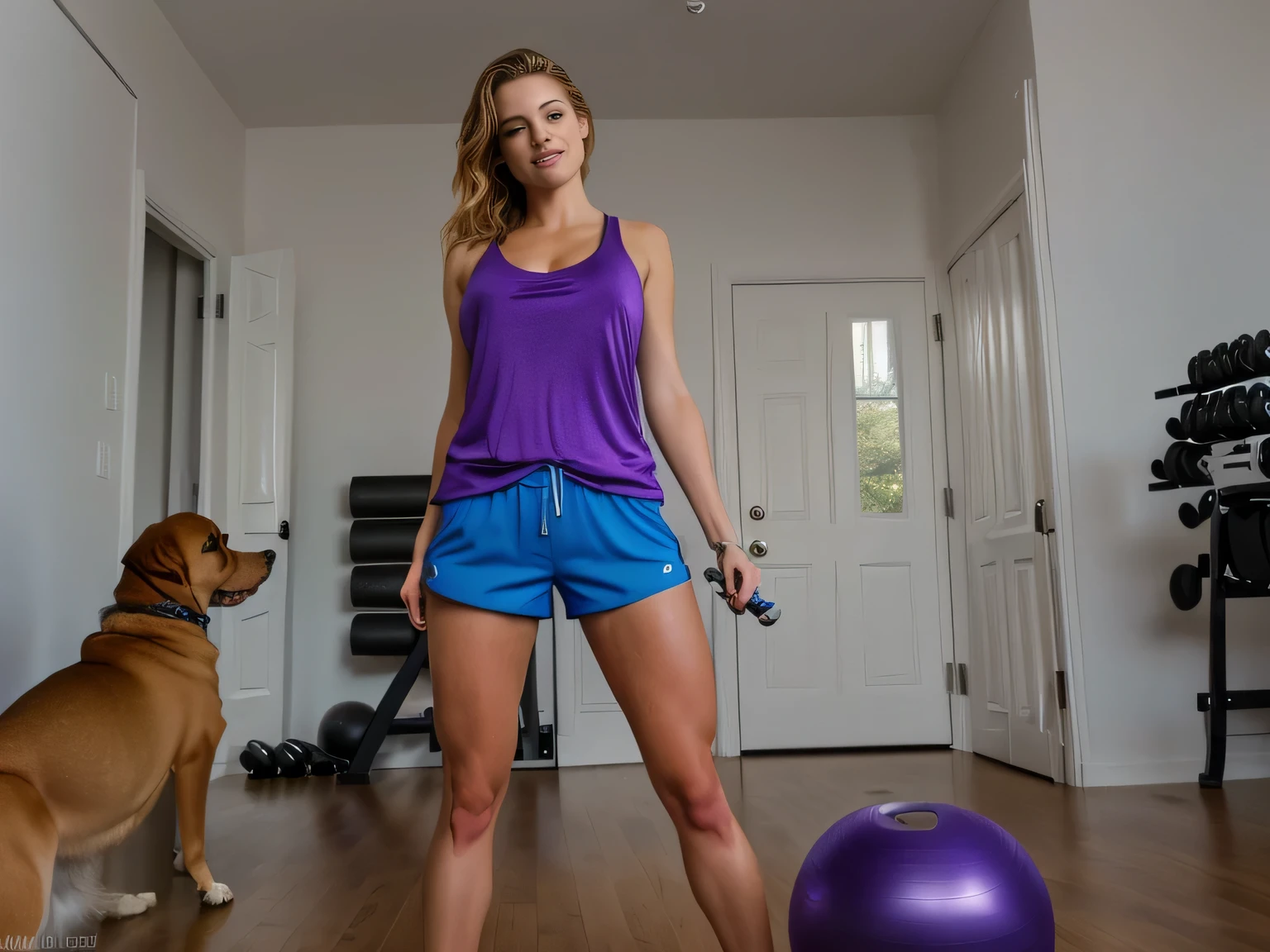 there is a woman in a purple shirt and blue shorts playing with a dog, attacking the camera :4, working out, photo of legs and hips, 2 arms and 2 legs!, in shorts, photo of hips and legs, training, filmed on gopro9, legs and arms, cottagecore!! fitness body, not blurred, standing on two legs, masterpiece, clear photo, high quality, high resolution (ultra quality masterpiece), Ultra HD, high contrast, 16K. Masterpiece: 1.3, high resolution, (photographically realistic), NUDE, NUDITY, NFSW