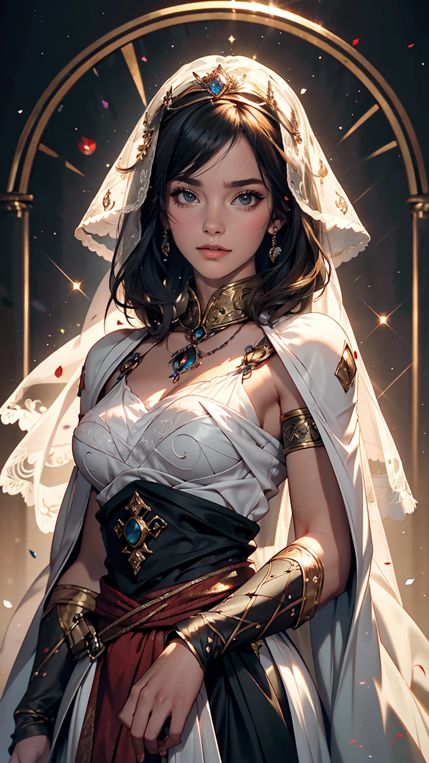sakimichan style, Urop Style, Portraiture, Detailed painted face, Beautiful woman, Fuller lips, Opaque Veil, Medieval Veil, Head rail, 12th century, Eyes with heterochromia, Rainbow Eyes, Medieval costume, Brot, Lord of the Rings Gown, Near perfect, Beautiful anime style, Character Panorama, Beautiful and detailed face, Shining Shadow, Beautiful gradation, Depth of written boundary, Beautiful graphics, high quality, Attention to detail, High resolution, Luminous Studio graphics engine
