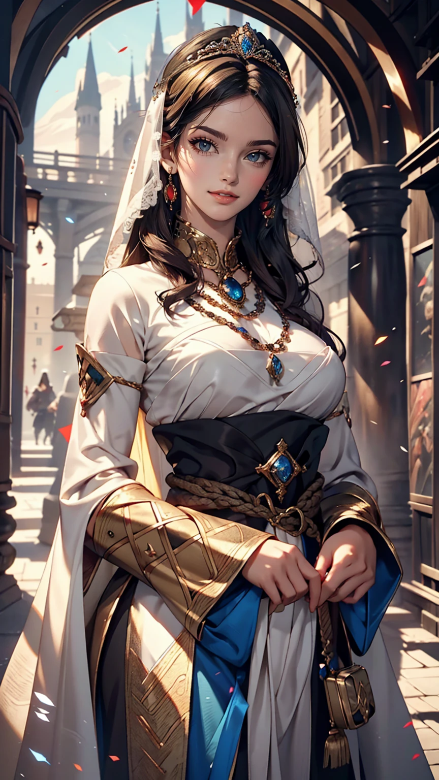 sakimichan style, Urop Style, Portraiture, Detailed painted face, Beautiful woman, Fuller lips, Opaque Veil, Medieval Veil, Head rail, 12th century, Eyes with heterochromia, Rainbow Eyes, Medieval costume, Brot, Lord of the Rings Gown, Near perfect, Beautiful anime style, Character Panorama, Beautiful and detailed face, Shining Shadow, Beautiful gradation, Depth of written boundary, Beautiful graphics, high quality, Attention to detail, High resolution, Luminous Studio graphics engine