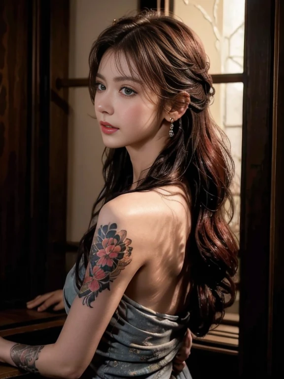 (highest quality,High resolution:1.2), (Realistic:1.4),Low Angle Portrait, close, View from behind, Yakuza girl bathing in hot spring,View the viewer,Detailed face,Beautiful and exquisite grey-blue eyes,Beautiful lip detail,Captivating smile,Eyebrows are neatly trimmed,Long eyelashes, Perfect beautiful face、Soft Skin、Perfect Face, Beautiful Skin ,Natural blush,Slim posture, Exposed shoulders,Intricate, detailed and vibrant tattoo on the back of the body,Elegant and exquisite jewelry,Delicate necklace and earrings,traditional hair accessories, red hair with bangs,Shining Jewels,Soft and flawless makeup,Soft and natural lighting,Subtle shadows on face,Vibrant colors that shine,Realistic rendering, Photon Mapping, Fog and dramatic atmosphere