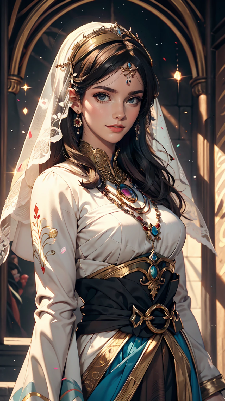 sakimichan style, Urop Style, Portraiture, Detailed painted face, Beautiful woman, Fuller lips, Opaque Veil, Medieval Veil, Head rail, 12th century, Eyes with heterochromia, Rainbow Eyes, Medieval costume, Brot, Lord of the Rings Gown, Near perfect, Beautiful anime style, Character Panorama, Beautiful and detailed face, Shining Shadow, Beautiful gradation, Depth of written boundary, Beautiful graphics, high quality, Attention to detail, High resolution, Luminous Studio graphics engine