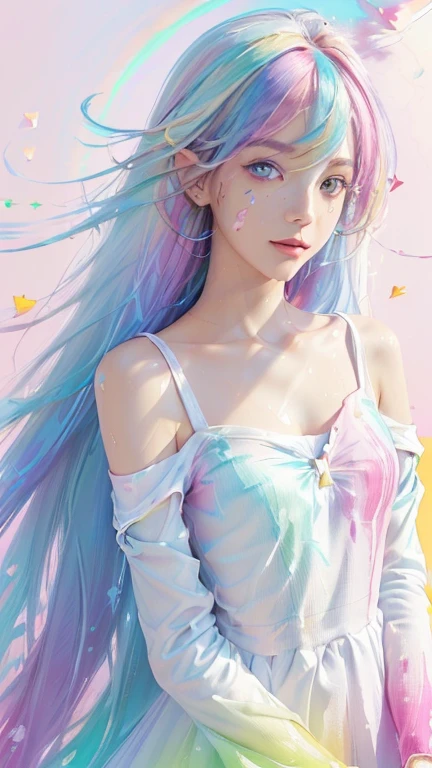 （Pink Fashion T-shirt：1.9），(Colorful hair: 1.8), (all the colours of the rainbow: 1.8),(((((vertical painting：1.6))), （painting：1.6），front, comics, illustrations, paintings, large eyes, crystal clear eyes,（ rainbow color gradient high ponytail：1.7）, exquisite makeup, closed mouth,(Small Fresh: 1.5),(Wipe Chest: 1.6) ，long eyelashes, white off shoulder T-shirt,  White Shoulder Shirt，looking at the audience, large watery eyes, (rainbow colored hair：1.6), color splash, （solo：1.8）, color splash, color explosion, thick paint style, messy lines, ((shining))，(colorful), (colorful), (colorful), colorful, Thick Paint Style, (Splash) (Color Splash), Vertical Painting, Upper Body, Paint Splash, Acrylic Pigment, Gradient, Paint, Highest Image Quality, Highest Quality, Masterpiece, Solo, Depth of Field, Face Paint,  colorful clothes, (Elegant: 1.2), gorgeous,long hair, wind, (Elegant: 1.3), (Petals: 1.4)，(((masterpiece))),(((best quality))),((ultra-detailed)),(illustration),(dynamic angle),((floating)),(paint),((disheveled hair)),(solo),(1girl) , (((detailed anima face))),((beautiful detailed face)),collar,bare shoulders,white hair, ((colorful hair)),((streaked hair)),beautiful detailed eyes,(Gradient color eyes),(((colorful eyes))),(((colorful background))),(((high saturation))),(((surrounded by colorful splashes))),