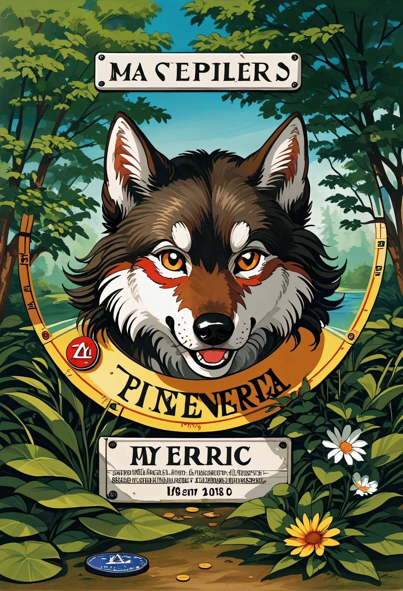ephemera, label, retro, Vintage, stamp, A girl and a wolf meet in the forest,
