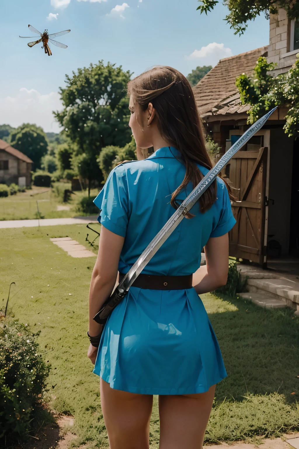 A stunning view from behind a beautiful american army girls standing in a peaceful village, blue eyes,
with a majestic dragonfly hovering in front of her. She wields a glowing light sword,
ready to defend her home from any danger.