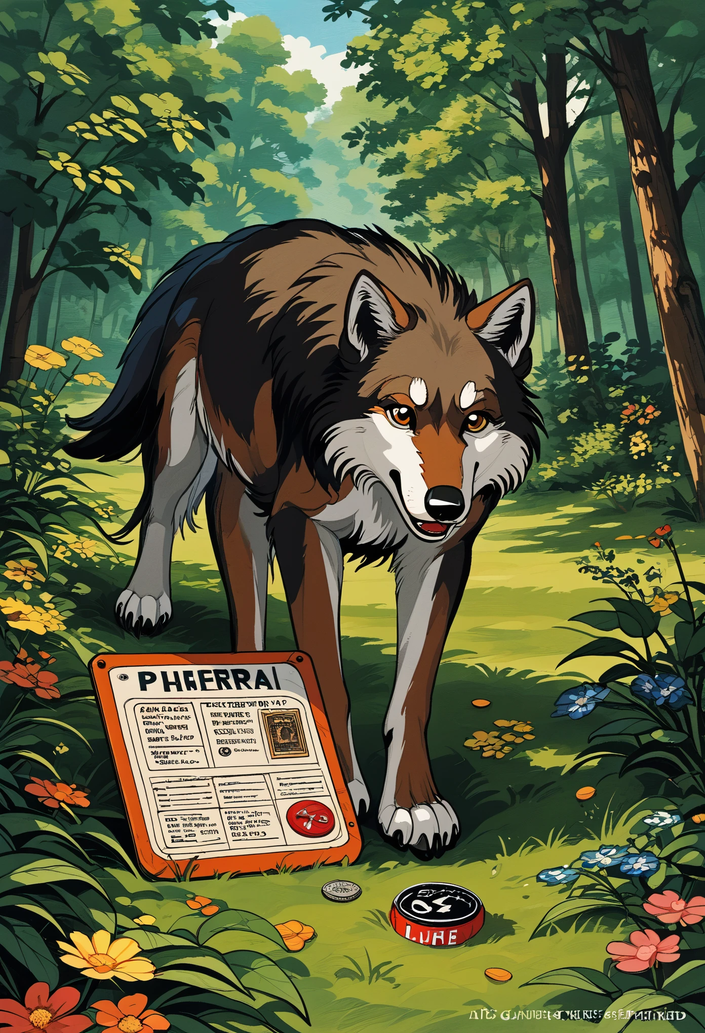 ephemera, label, retro, Vintage, stamp, A girl and a wolf meet in the forest,