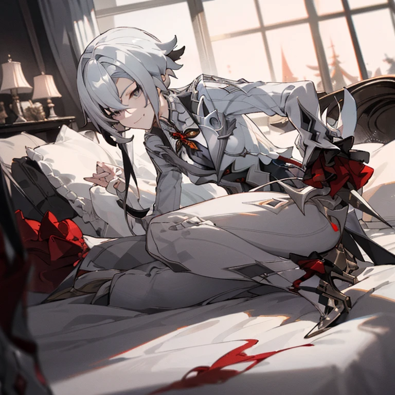 (​masterpiece、top-quality)、1 girl 、Smirk、grey  eyes、arlecchino \(genshin impact\), grey vest, grey shirt, high heels, Warm lighting、on the beds, Blurred foreground、deep in the night、High contrast、Night、laimg on the bed.