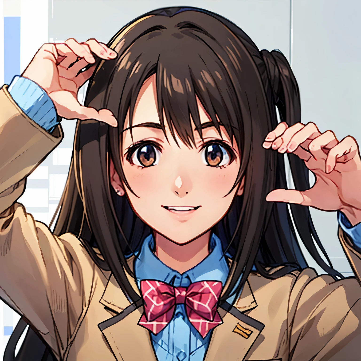 (((pixel-perfect, detail-perfect))), solo, 1girl, uzuki shimamura, , blazer, bow, looking at viewer, smile, v arms, Tetsuya Nomura