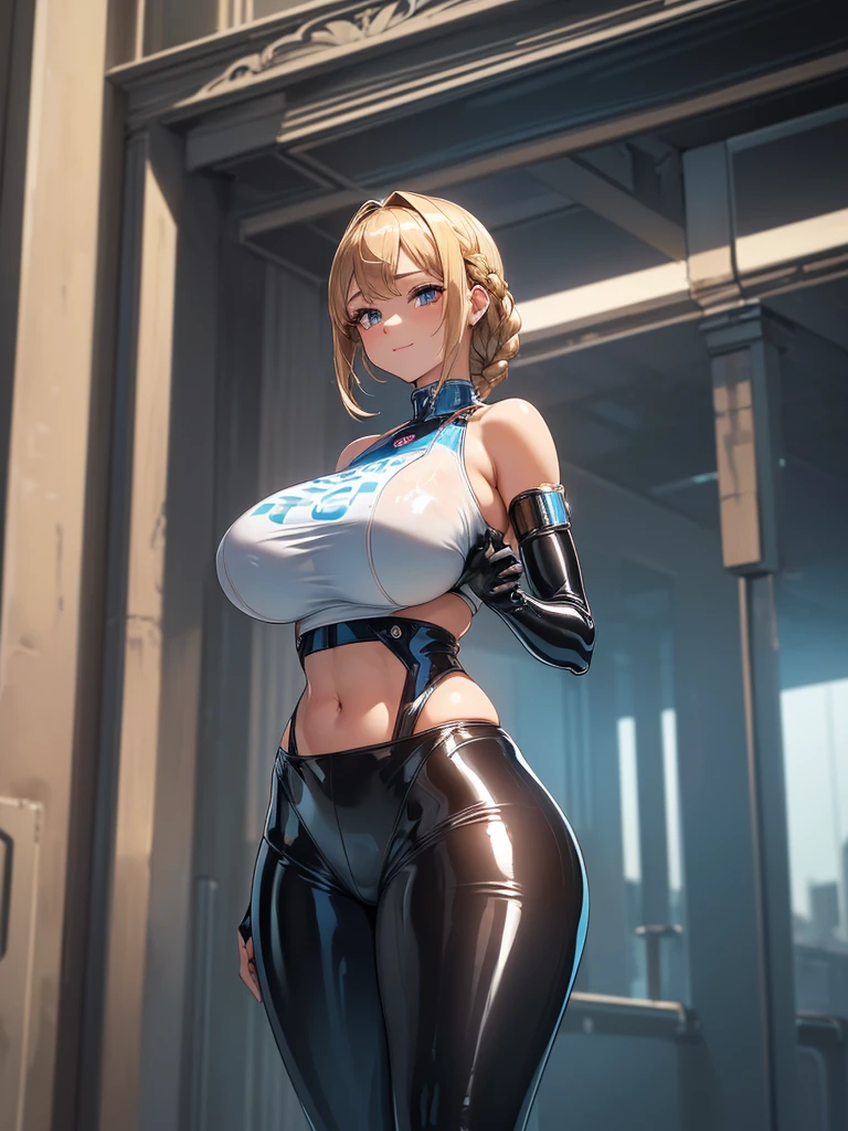 (((masterpiece))), (((best quality))), ((ultra-detailed)), (illustration), ((an extremely delicate and beautiful)), ((super detail)), ((high resolution)), (((20 years old))), ((metallic cloth)), (cheerleader), (super heroine), (android), delicate metal decorations, gleaming skin, shiny body, two legs, breast focus, (((tall))), slender legs, ((big round eyes)), cute eyes, drooping eyes, ((adult)), two hands, five fingers, no extra hands, elegant smile, braid, ((metallic blue)), (see-through), (dark blonde), (((ultra-huge breasts))), (shining brightly), outdoor, mini skirt, daytime, ((biopunk)), (hair shorter than shoulder), (medium length hair), gynoid, (latex competition swimsuit), city, ((midriff-baring outfit)),