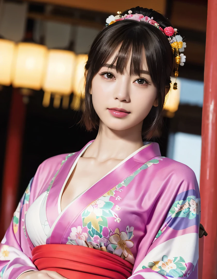 oiran woman ,(top-quality、8K、32K、masterpiece、超A high resolution、nffsw:1.3)、(Japan idol:1.3)、1girl in、(cute tits)、((extremely cute breasts)),(short-hair)、abdominals、the perfect body、,((oiran woman)), Delicate facial features, Ultra-realistic, Hyper-realistic, clavicle、Shadow、octan render、((maikurobikini)),((Wear a beautiful kimono with a high degree of exposure)),hyperdetailed face、Detailed lips、finely eye、double eyelid、(Enchanting)、((agitation:1.5))、maikurobikini、Mystical expression、old Kyoto city background、、((heavy breasts)),Toostock、mecosuji、Kimono with colorful floral pattern、highcontrast、(((Brightly colored kimono))), small breasts、,flicker、(Kimono comes off)、(arms at side down), , smile with a smile,