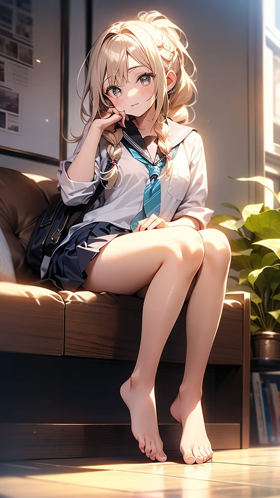 In 8K、highest quality、masterpiece、Ultra-detailed、Ultra-high resolution、((1 person))、With a girl、uniform、ponytail、Blonde、Braided hair、compensate、Checked mini skirt、Home、Sitting on the floor、White panties、(barefoot)