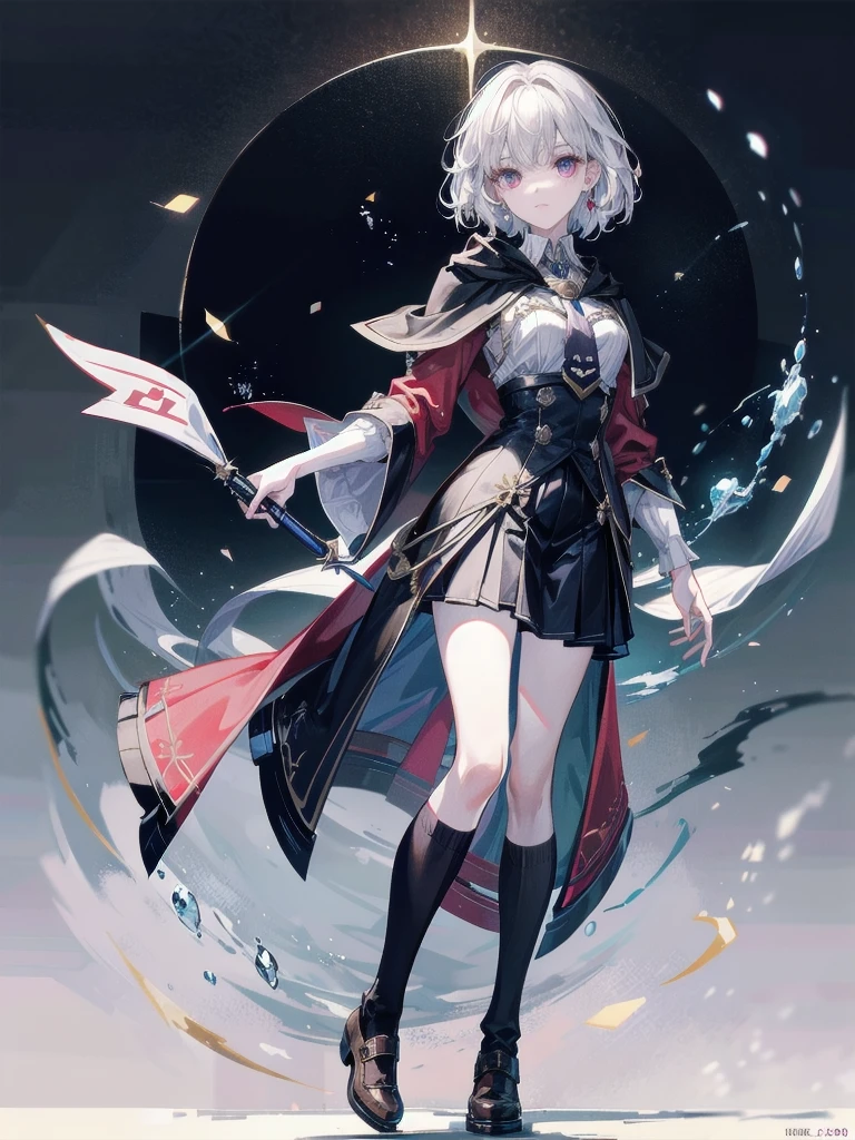 whole body, hogwarts teacher, necktie, cloak, skirt, magic boots, absurdres, RAW photo, extremely delicate and beautiful, masterpiece, Best Quality, ultra high resolution, 32k, hyperrealistic, ultra-detailed, detailed description, pale skin, 20 years old, detailed beautiful face and eyes, tearful mole, earring, Colossal tits, short medium hair, wavy hair,