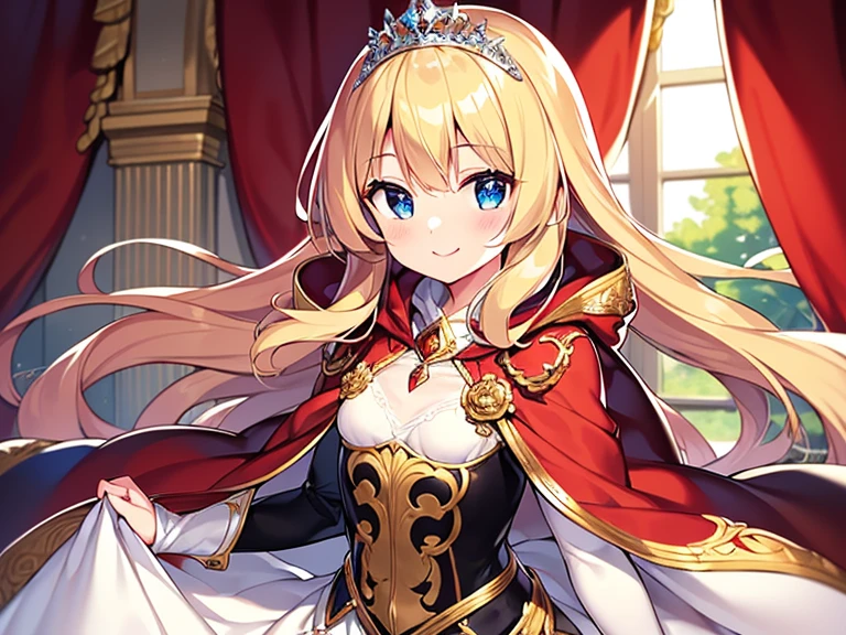 (kawaii),(best quality),(ultra detailed), upper body,(rococo style),(long train red cape:1.15), very long cape,(long train white ball gown with flower decorations), a girl is wearing a cape over her gown, 1 little princess, tiara , smile, very long hair, small breasts