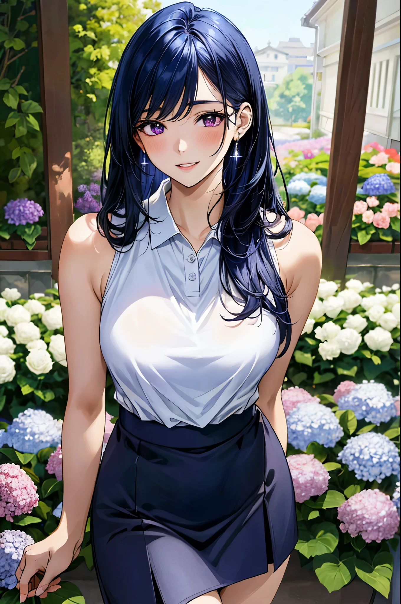 (masterpiece:1.3, top-quality, ultra high res, ultra detailed), (realistic, photorealistic:1.2), beautiful illustration, perfect lighting, natural lighting, colorful, depth of fields, ,
beautiful detailed hair, beautiful detailed face, beautiful detailed eyes, beautiful clavicle, beautiful body, beautiful chest, beautiful thigh, beautiful legs, beautiful fingers, shiny skin,
looking at viewer, 1 girl, japanese, 22 years old, (perfect anatomy, anatomically correct, super detailed skin), cute and symmetrical face, babyface, perfect face, perfect eyes, perfect fingers,
(middle hair, straight hair, hair slicked back:1.6, blue hair), parted bangs, dark purple eyes, big eyes, drooping eyes, long eyelashes, faint lips, (large breasts, seductive thighs), outstanding style,
(detailed cloth texture, break, navy blue and white sleeveless collared polo shirt, dark maroon tight skirt, black apron), break,
(beautiful scenery), (flower shop, florist, rose, hydrangea, tulip, dendrobume), standing, (flower arrangement), (lovely smile, parted lips),