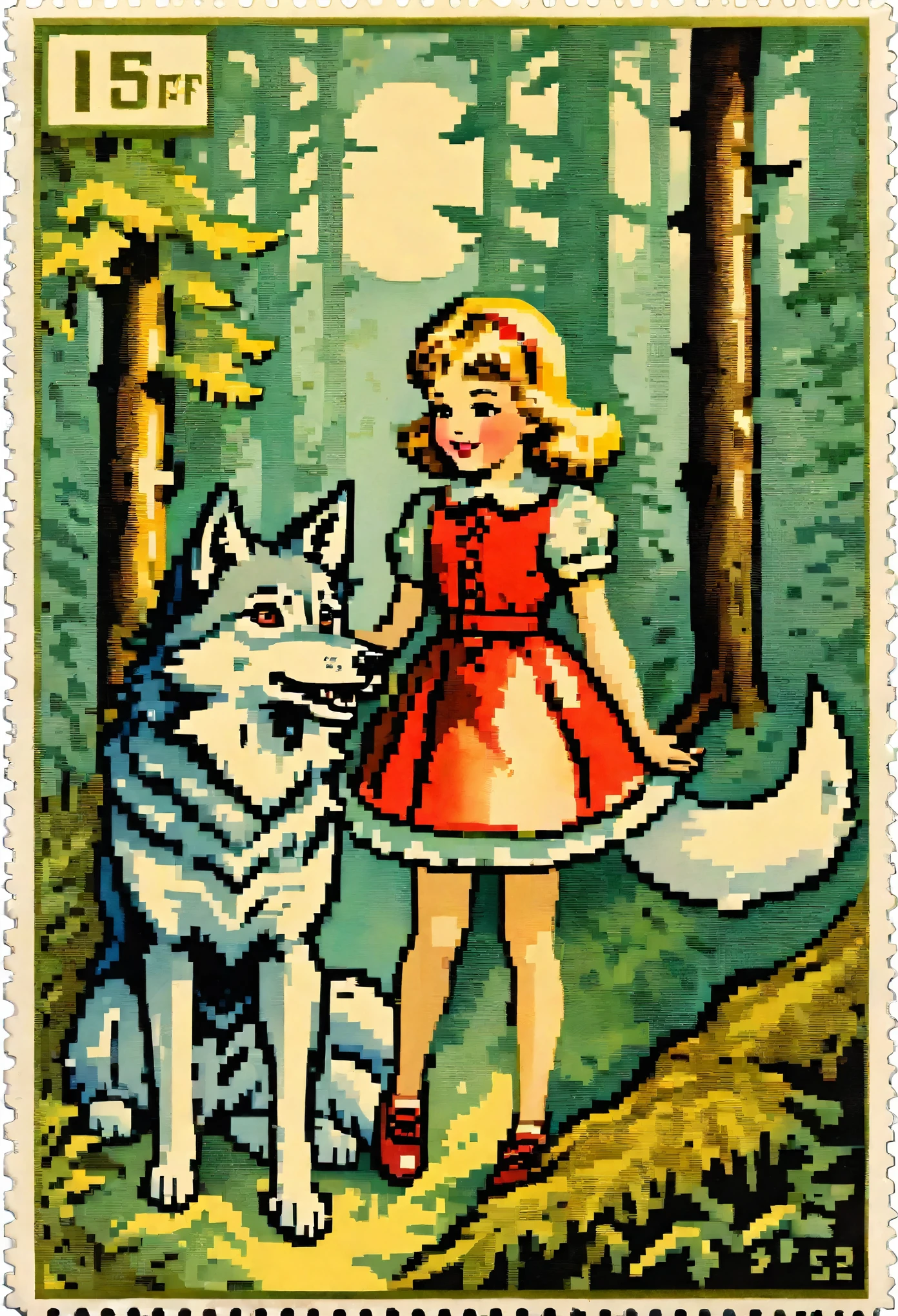 ephemera, label, retro, Vintage, stamp, A girl and a wolf meet in the forest,