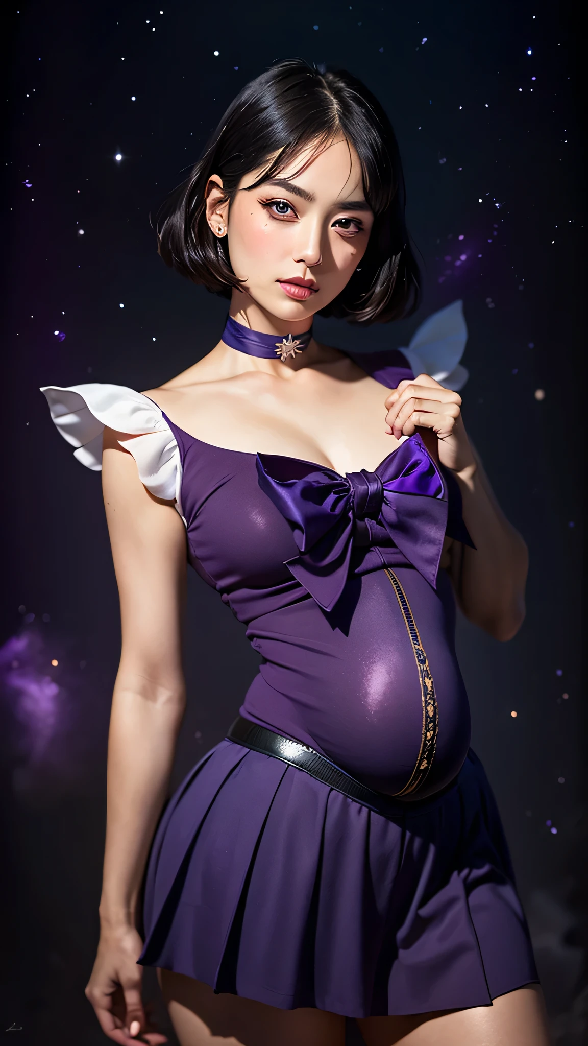 Pregnant women、(masterpiece, highest quality:1.4), (Nebula Background), (Full Body Shot), (Sexy pose:1.5), One Girl, alone, (European youth:1), Sailor Saturn, tiara, Sailor Warrior Uniforms, Purple sailor color, Pleated skirt, - Elbow hand pockets, jewelry, brooch, choker, Short black hair, (Purple eyes:1.5), Beautiful Face, Highly detailed face, Highly detailed eyes, Highly detailed skin, Skin pores, Scattered under the surface, Realistic pupils, Apply blush all over the face, Lips become thicker, Detailed Background, Written boundary depth, Volumetric lighting, Sharp focus, Absurd, Realistic proportions, Excellent anatomy, (Realistic, hyperRealistic:1.4), 16K HDR,Pregnant women