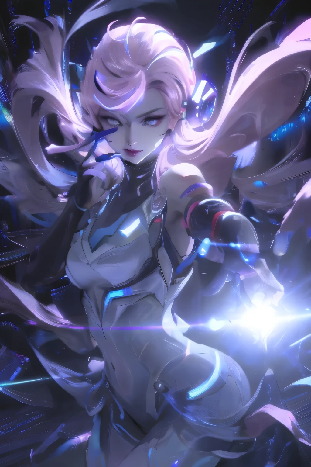Cyberpunk, Pink Hair, Futurism, Surreal, Ultra wide angle, Wide-angle lens, Dynamic Movement, expressive, Energetic, Sacred Edge of Cinema, Laser holographic pictures