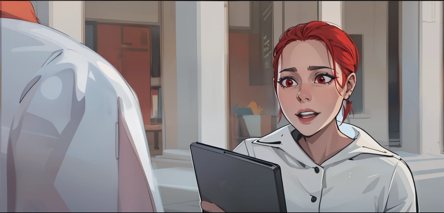 There is a 35-year-old woman, she is looking ironically, she speaks with contempt, she has red hair and red eyes.