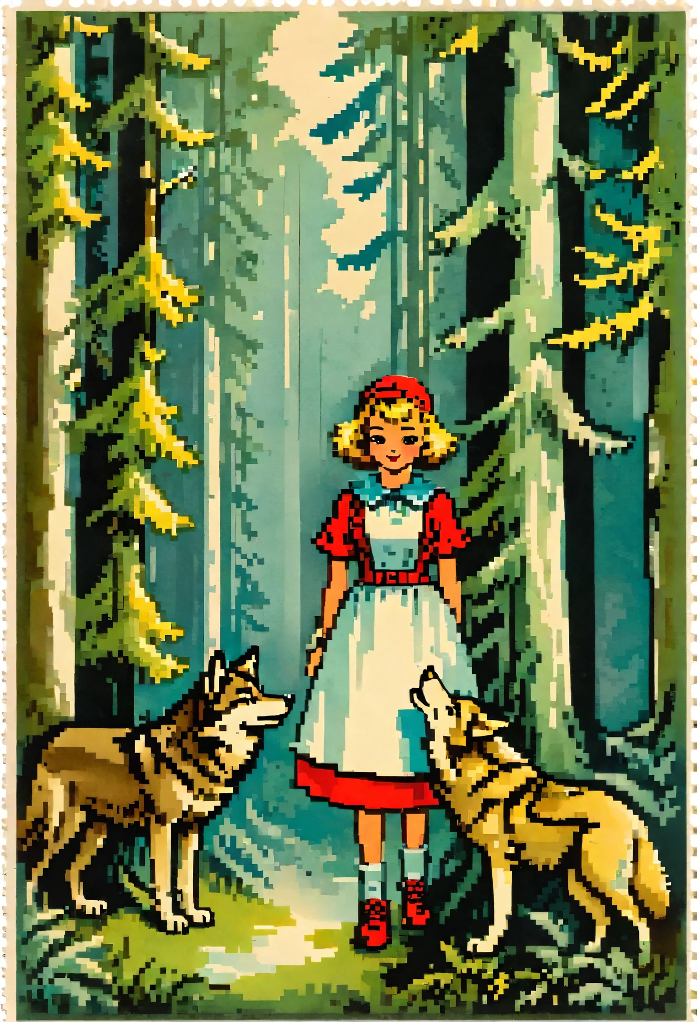 ephemera, label, retro, Vintage, stamp, A girl and a wolf meet in the forest,