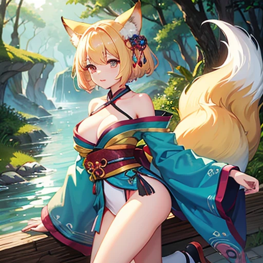 4K、Cute fox spirit、Woman in her twenties、Fox Ears、tail、kimono、、valley、Blonde、Short Hair、whole body、Fantasy Forest、Expose the chest、はだけたkimono、Captivating look