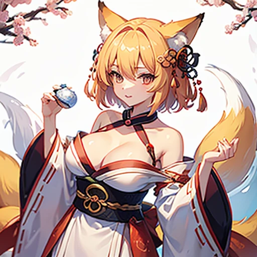 4K、Cute fox spirit、Woman in her twenties、Fox Ears、tail、kimono、Big Breasts、valley、Blonde、Short Hair、whole body、Fantasy Forest、Expose the chest、はだけたkimono、Captivating look