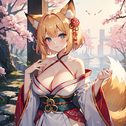 4K、Cute fox spirit、Woman in her twenties、Fox Ears、tail、kimono、Big Breasts、valley、Blonde、Short Hair、whole body、Fantasy Forest、Expose the chest、はだけたkimono、Captivating look