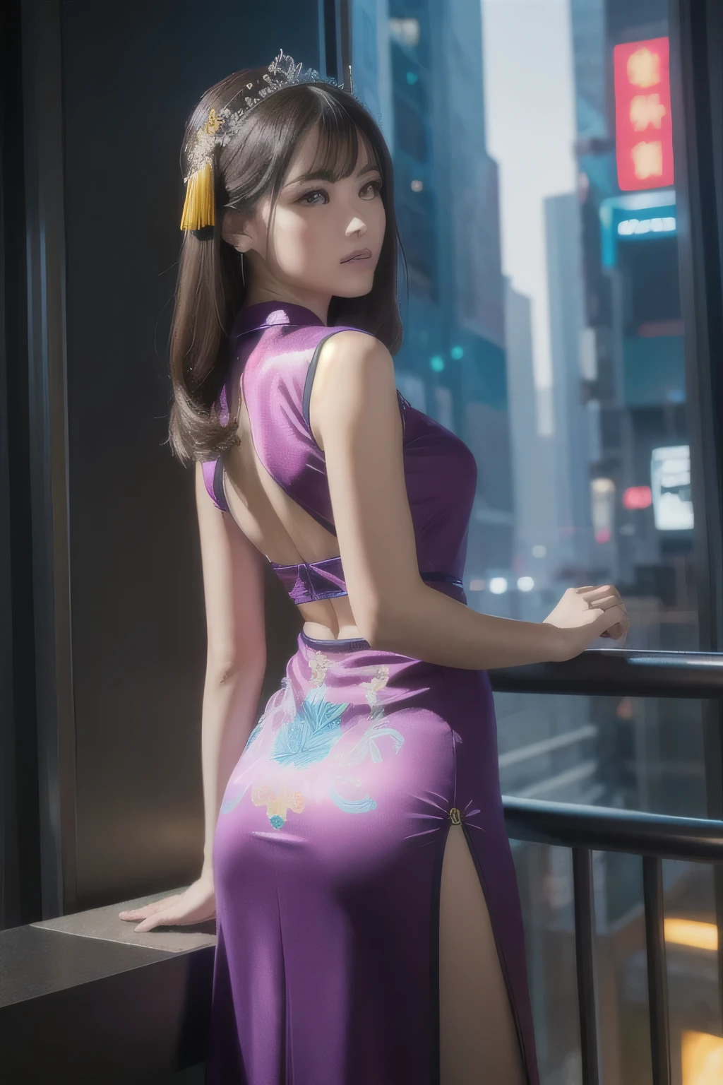 (Masterpiece: 1.2), Top Quality, (Illustration: 1.2), Eye Focus, (Cleverly crafted glow: 1.3), (Ultra detail), Hyper Detail, (Delicate Detail), (Intricate Detail), (Cinematic Light, Top Quality Backlight), Clear Lines, purple and yellow Girl, chinese_clothes, Cyberpank, Cheongsam, Cyberpunk City, dynamic pose, headdress, hair ornament, very long hair, high-tech city, machine and futuristic elements, futurism, technology