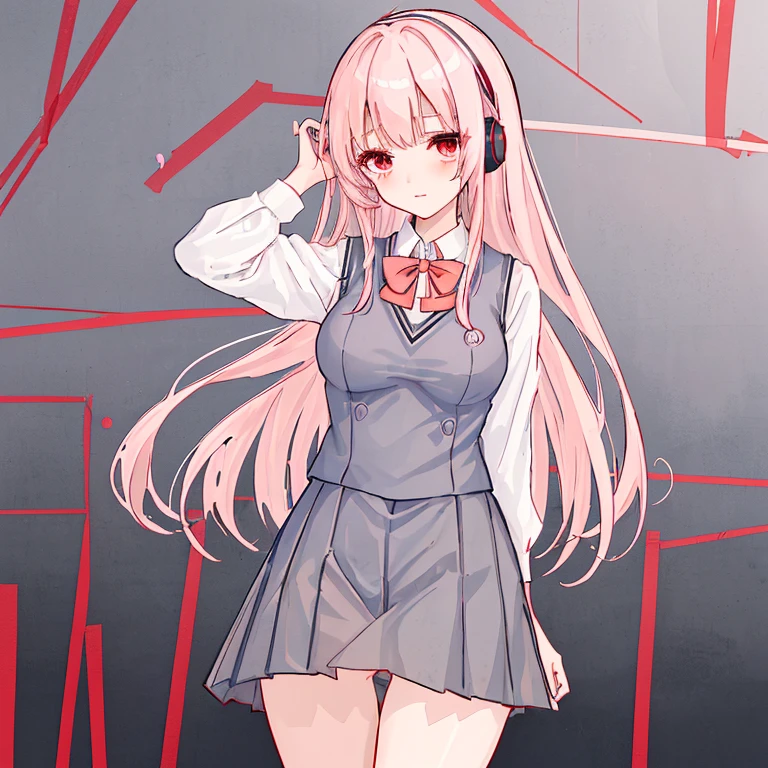 (8k、highest quality、masterpiece:1.2)、Illustration touch、Ultra-detailed、Super A High Resolution、Light pink hair、long hair、Headphones、Woman in uniform、clear、High 、ボタンを全部とめた白色のLong sleeve blouseと紺色のSweater vest、Long sleeve blouse、Tightly tied red bow tie、紺色のSweater vest、Sweater vest、Red Check Skirt、Red Check Skirt、mini skirt、White Pantyhose、Lying exhausted in bed、Inner thighs、Thin limbs、White panties、(School uniform:1.4)、Blushing、Embarrassed、Watery eye、Pulling up her skirt